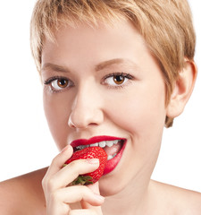 Vegetarian food. Girl with strawberries