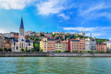 Lyon cityscape from Saone river with colorful houses - obrazy, fototapety, plakaty