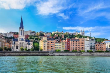 Lyon cityscape from Saone river with colorful houses