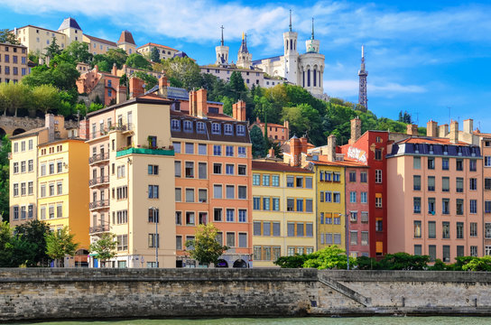 Lyon cityscape from Saone river with colorful houses, France