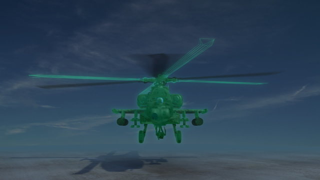 Apache attack helicopter. Fades into wireframe version. Loops.