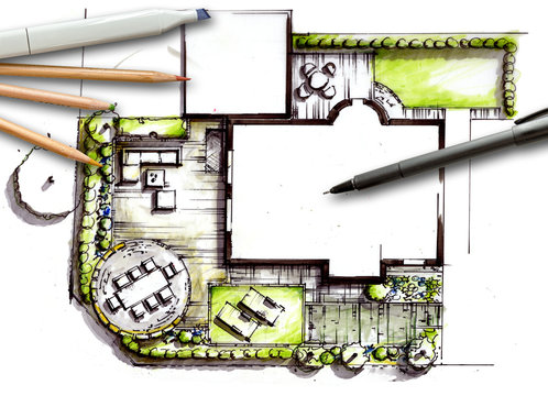 Gartenplanung - handgezeichneter Entwurf eines formalen Gartens