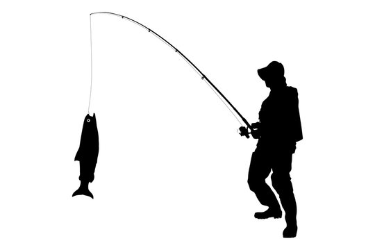 A silhouette of a fisherman with a fish
