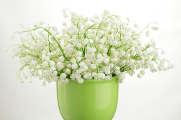 Lily-of-the-valley posy in a vase isolated on white background