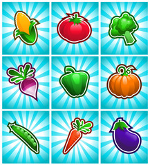 Vegetable Icons on Blue Burst Background