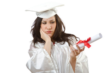 Happy student celebrating graduation on white