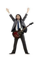 Guitar player in business suit on white