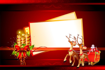 santa and his sleigh with a big cards on red background