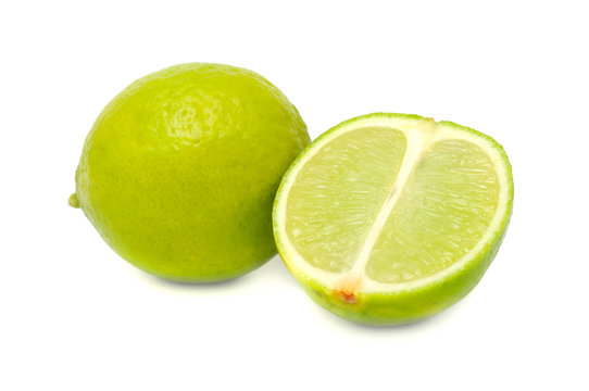 Whole Lime and Half of Lime Isolated on White Background