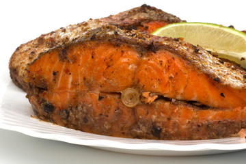 Salmon fillets fried, closeup