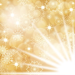 Gold christmas background with snowflakes and fireworks, EPS10