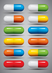 Medical pills set, different colors vectors collection.