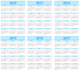 Calendar 2012, 2013, 2014, 2015, 2016, 2017
