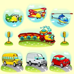 Wandaufkleber Lustige Fahrzeuge mit Hintergrund. Vektor-Illustration © ddraw