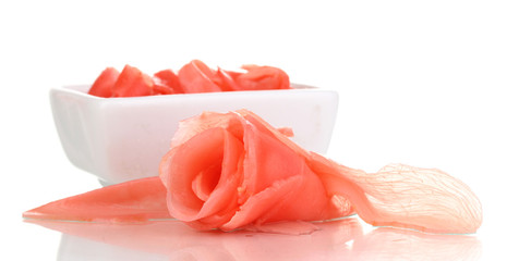 Marinated ginger slices isolated on white