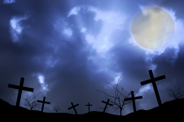 cross silhouette and the sky with full moon