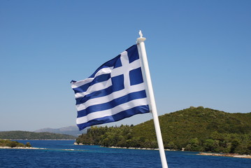 Greek flag at stern of boat, Lefkada