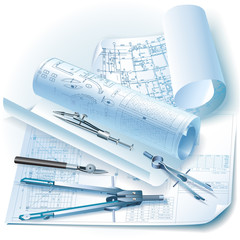Architectural background with rolls of drawings