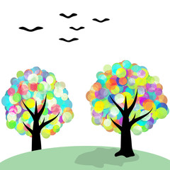 Multicolored fantasy trees and birds