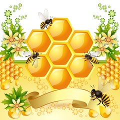 Background with bees, honeycomb and flowers