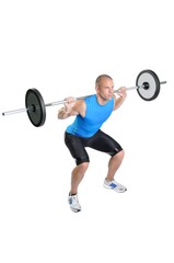 Muscular athlete man exercising on a white background