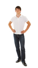A full-length portrait of a young man, isolated on white