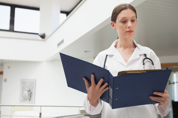 Female doctor reading  folder