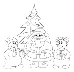 Santa Claus, Christmas tree and snowmans, outline