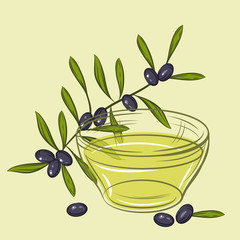 Vector illustration with black olives and cup of oil.