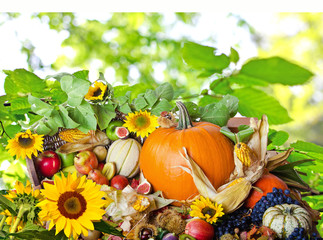 Herbst: Erntedankfest mit Früchten, Sonnenblumen und Herbstlaub