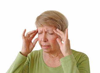 Old woman with a headache isolated on the white background