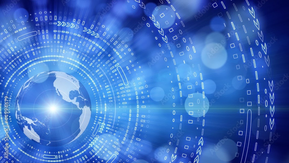 Poster blue earth globe and tech circles loop