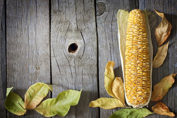 Autumn leaves on wooden boards with corn background © udra11