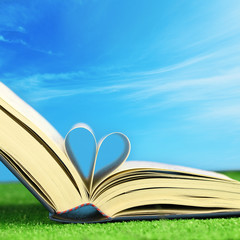 Book pages folded into a heart shape on the grass