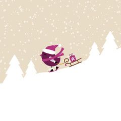 Purple Bird Skiing Downhill Pulling Sleigh With Gift