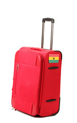 red suitcase with sticker with flag of Ghana isolated on white