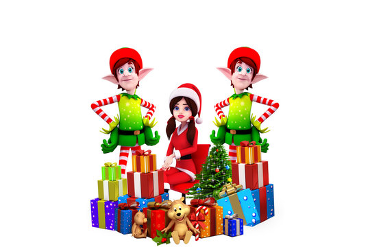 santa girl with elves and gifts isolated on white