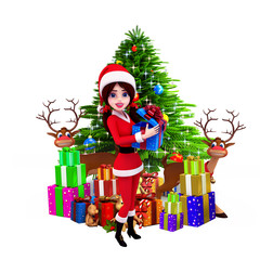 Obraz na płótnie Canvas santa girl showing gift box with reindeers