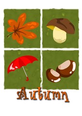 Four autumn symbols on green background.