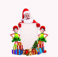 santa with sign and two elves