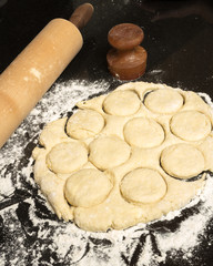 Rolling pin wooden cutter and dough