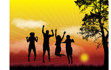 Silhouette illustration of people jumping on grass during sunset
