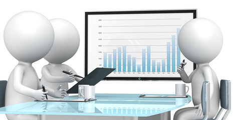 Result. 3D little human characters X3 during business review.