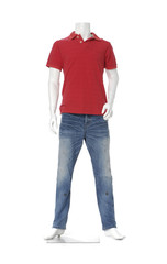 Full length male mannequin dressed in t-red shirt