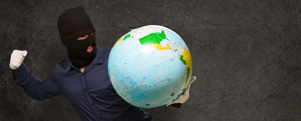 Burglar Man Punching Globe