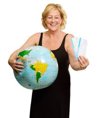 Fototapeta premium Woman Standing With World Globe And Boarding Passes