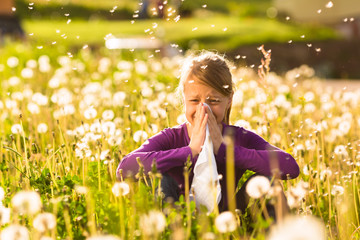 Mädchen auf Wiese mit Pusteblumen und Allergie - obrazy, fototapety, plakaty