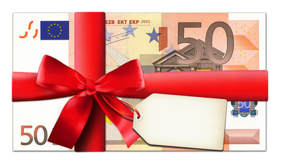50 Euro Gutschein mit roter Schleife und Etikett