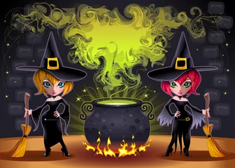 Foto op Aluminium Funny witches with pot. Vector illustration. © ddraw