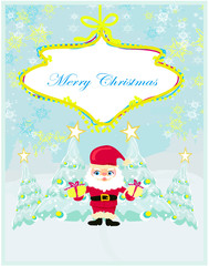Happy New year card with Santa and winter landscape